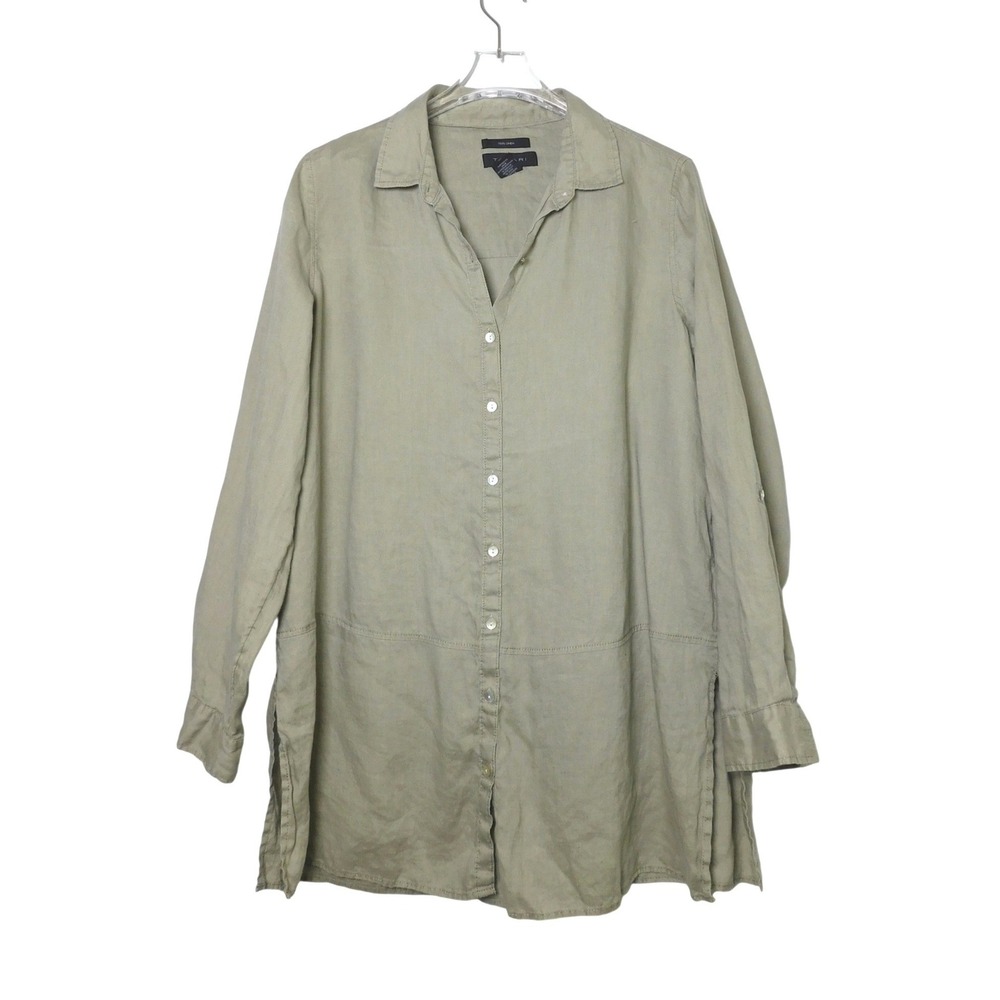 Tahari Womens 100% Linen Button Down Tunic Shirt‎ Olive Green Oversized Large
